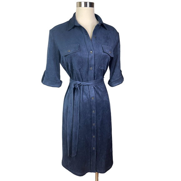 J. McLaughlin Dresses & Skirts - J. McLaughlin Solid Navy Haarlem Belted Shirt Travel Dress Size Medium NWT